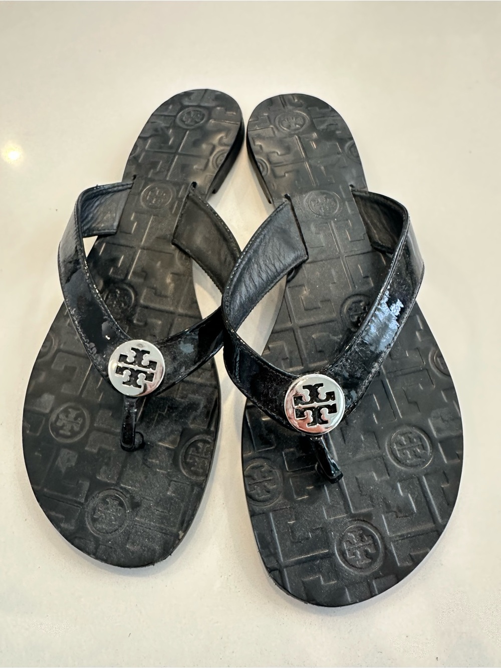 Tory Burch Black Patent Logo Thong Sandals
